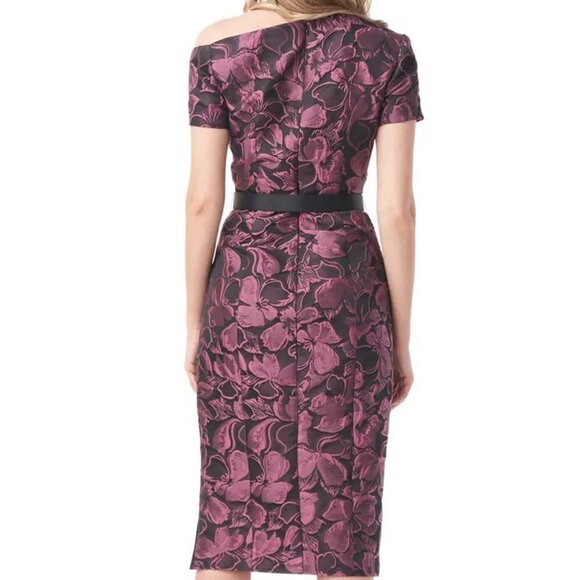 Kay Unger Black/ Cerise Alana Floral One Shoulder Belted Midi Dress - Picture 4 of 4